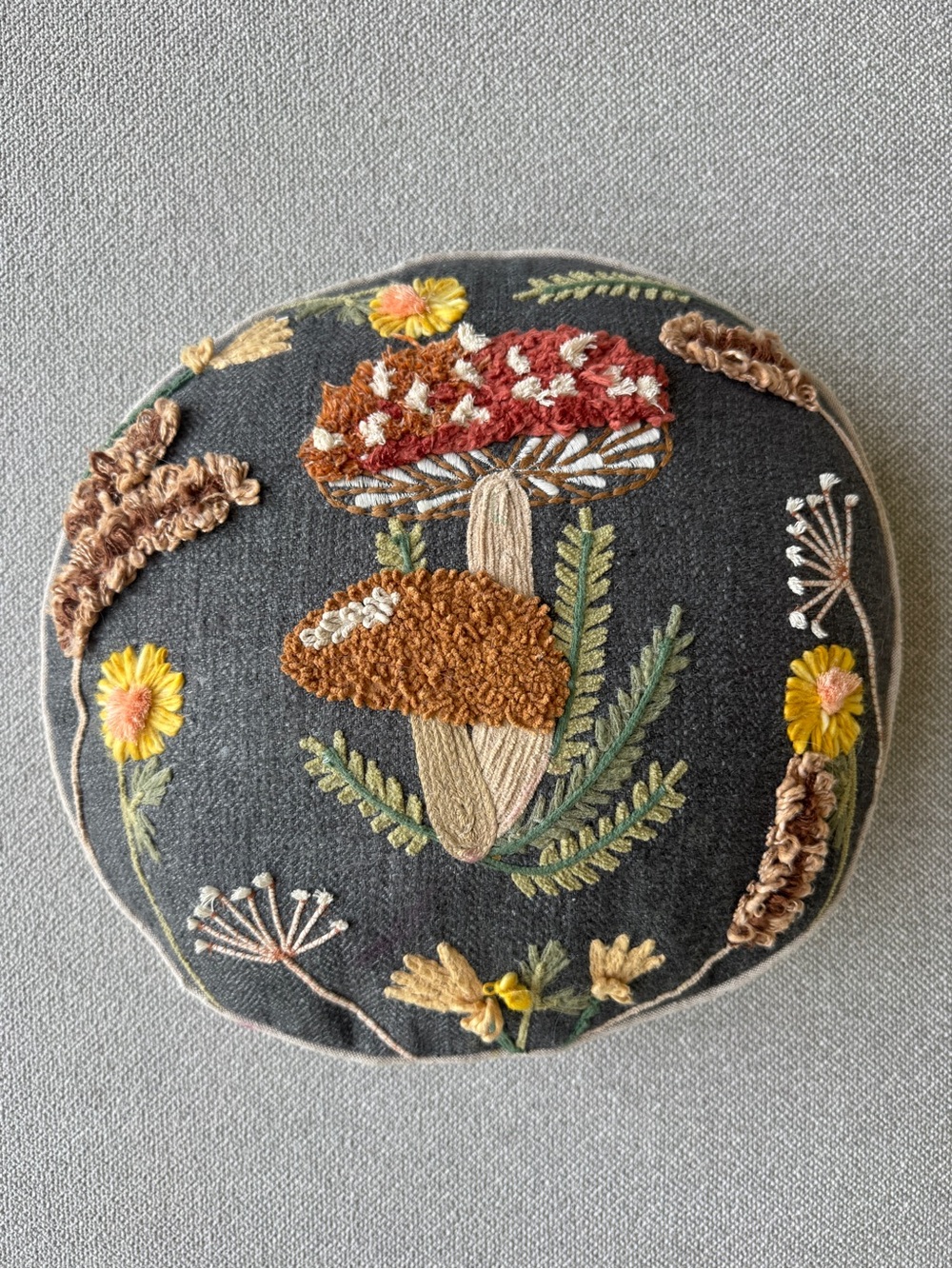 World Market Embroidered Mushroom Round Throw Pillow Cottagecore Woodland Decor